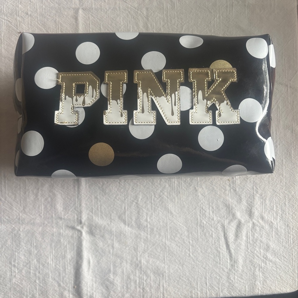 PINK Victoria's Secret Black Polka Dot Cosmetic Pouch with Gold Trim makeup